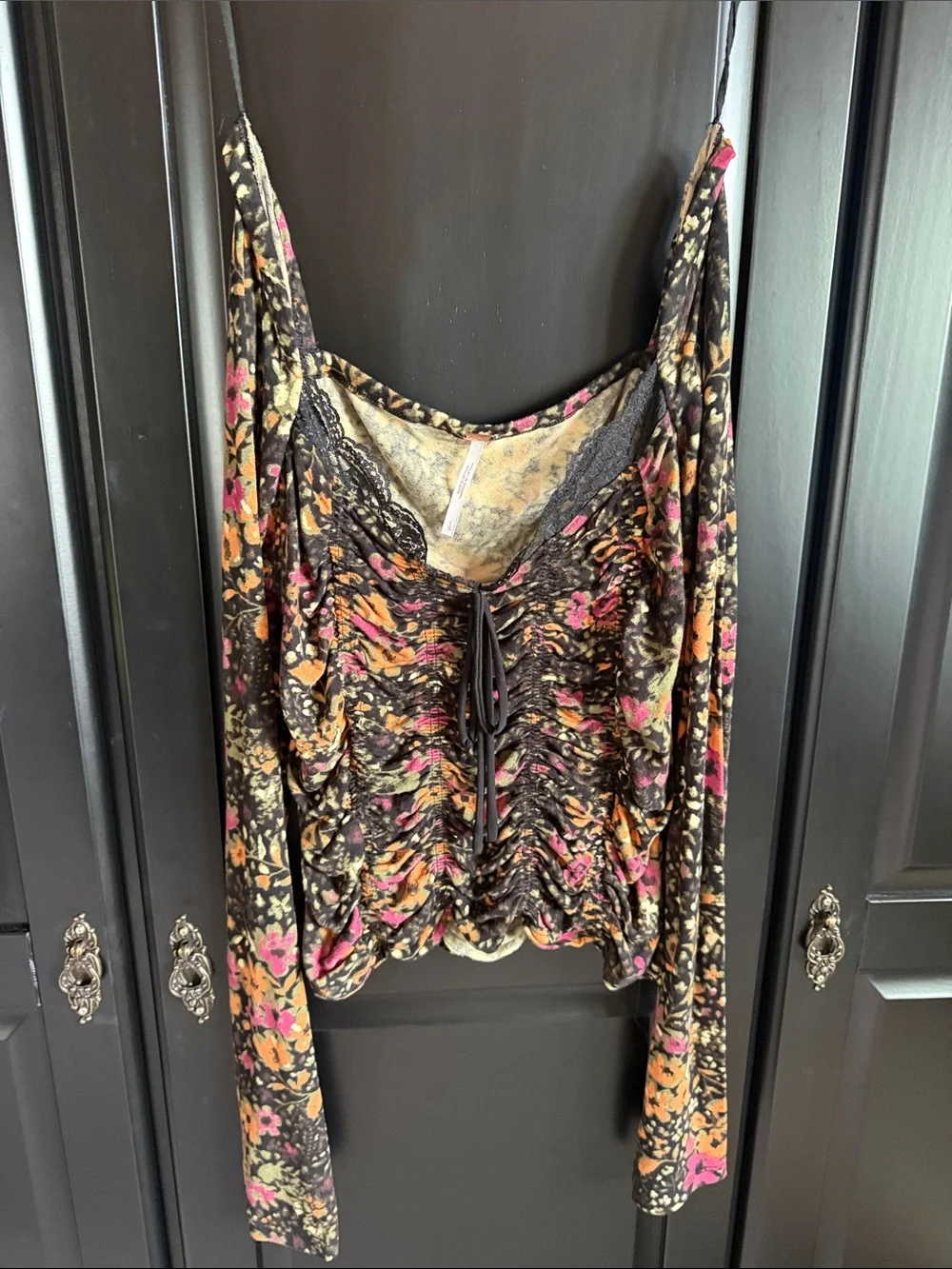 Free People Black Floral Ruched Camisole with Pink & Orange Accents